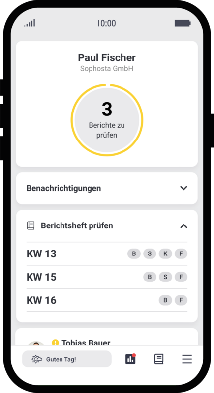 Die Startseite der Berichtsheft-App für Ausbilder zeigt offene Aufgaben und passt sich der Situation automatisch an.